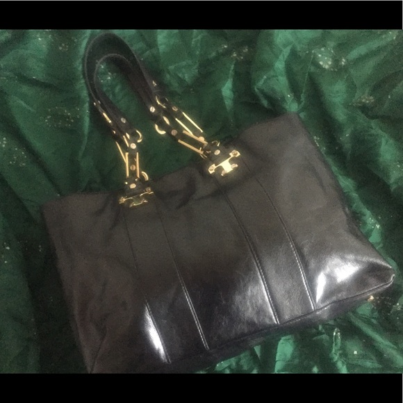 Tory Burch Handbags - TORY BURCH LEATHER BLACK GOLD Tote GORG  FLAWED 💚ED RETRO VNTG LUX RARE